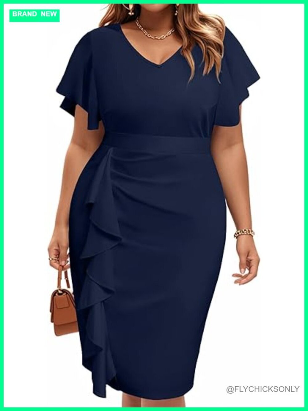 Plus Size Ruffle V-Neck Bodycon Pencil Dress - Wedding Guest Church Work
